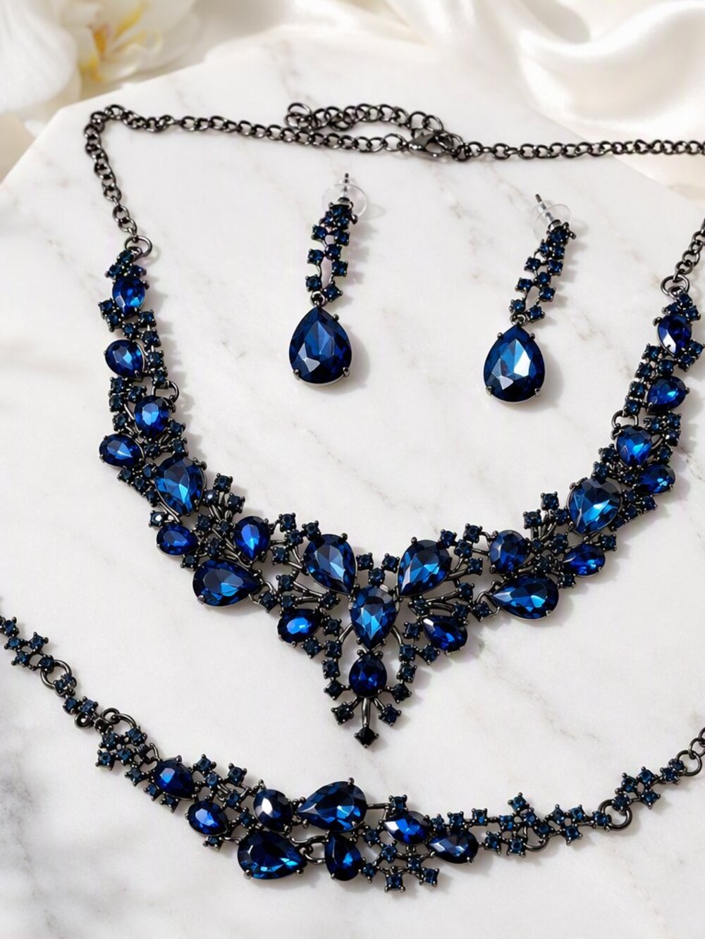 Midnight Sapphire Blue Rhinestone Collar Necklace Set | Gala Prom Wedding Formal